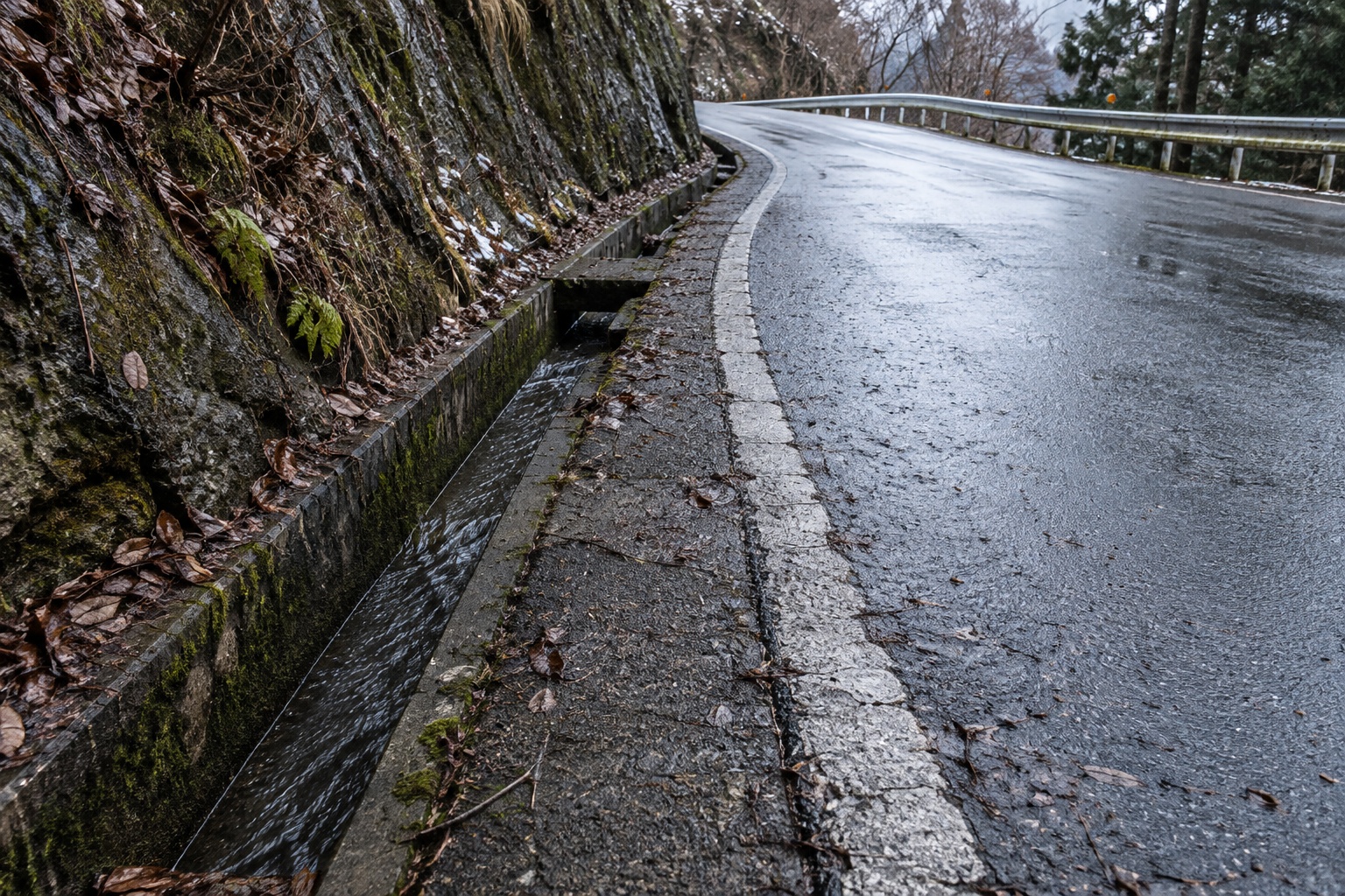 霧島秀一撮影。ぬれた峠道の路肩と、岩の斜面に沿う側溝。