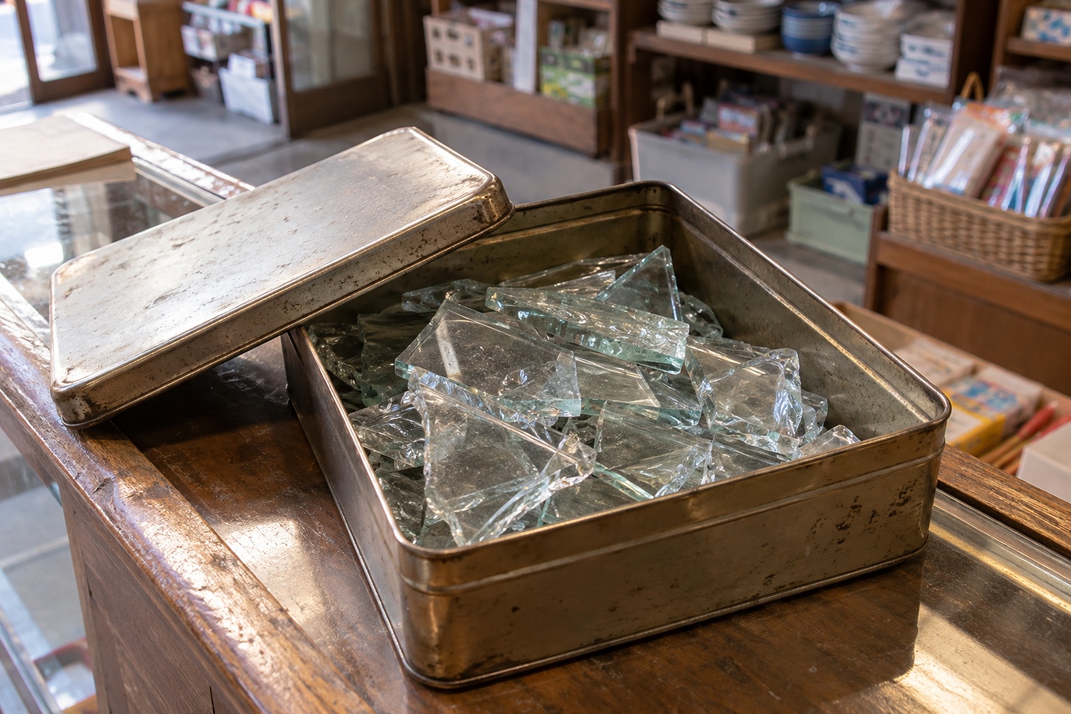霧島秀一撮影。雑貨店のカウンターに置かれた金属製の菓子箱。ふたを外した箱に、縁の厚いガラス片が重なって入っている。