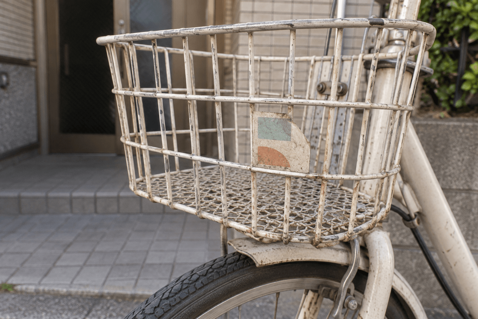 霧島秀一撮影。白い自転車の前かごに、角を斜めに切ったステッカーが貼られている。