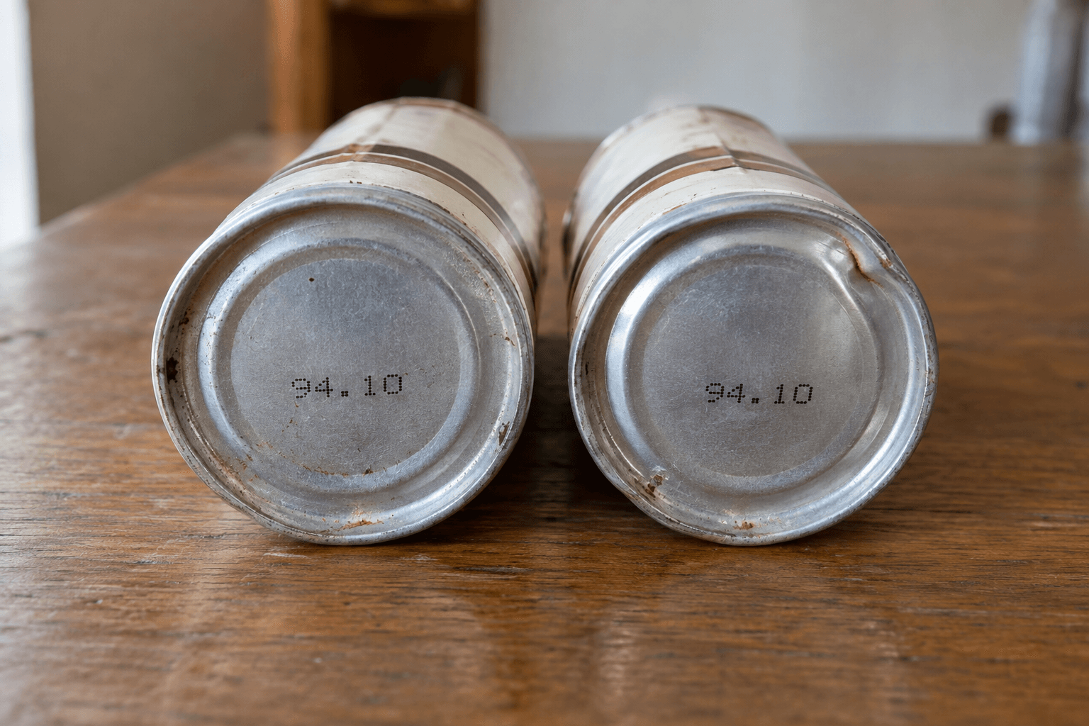 霧島秀一が撮影した2本の缶コーヒー。白地に茶色の線がある缶を横に並べ、底の「94.10」の印字を見比べている。