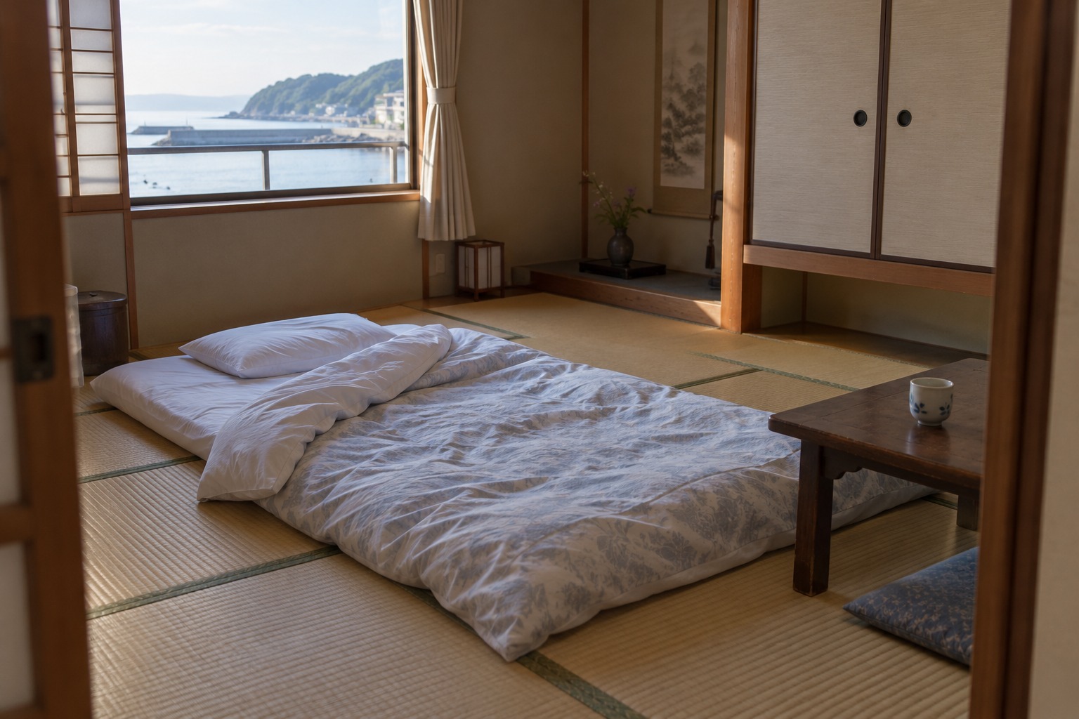 霧島秀一撮影。海に面した畳の部屋に1組の布団が敷かれ、掛け布団の上部が折り返されている。低い卓上には湯飲みがある。人は写っていない。