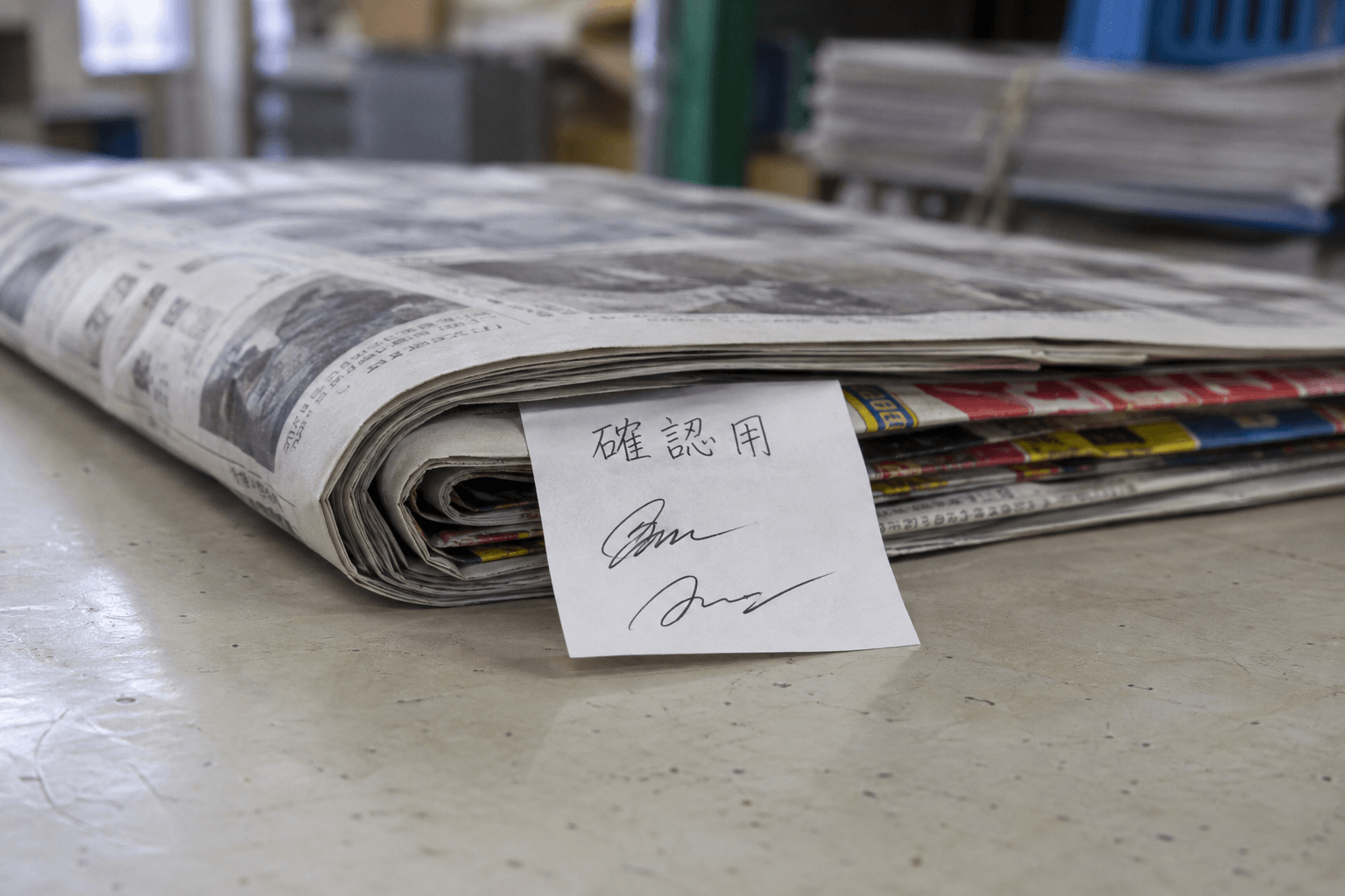 新聞販売店提供。折った新聞の間から「確認用」と書いた小さな紙が出ており、その下に2人分の署名がある。