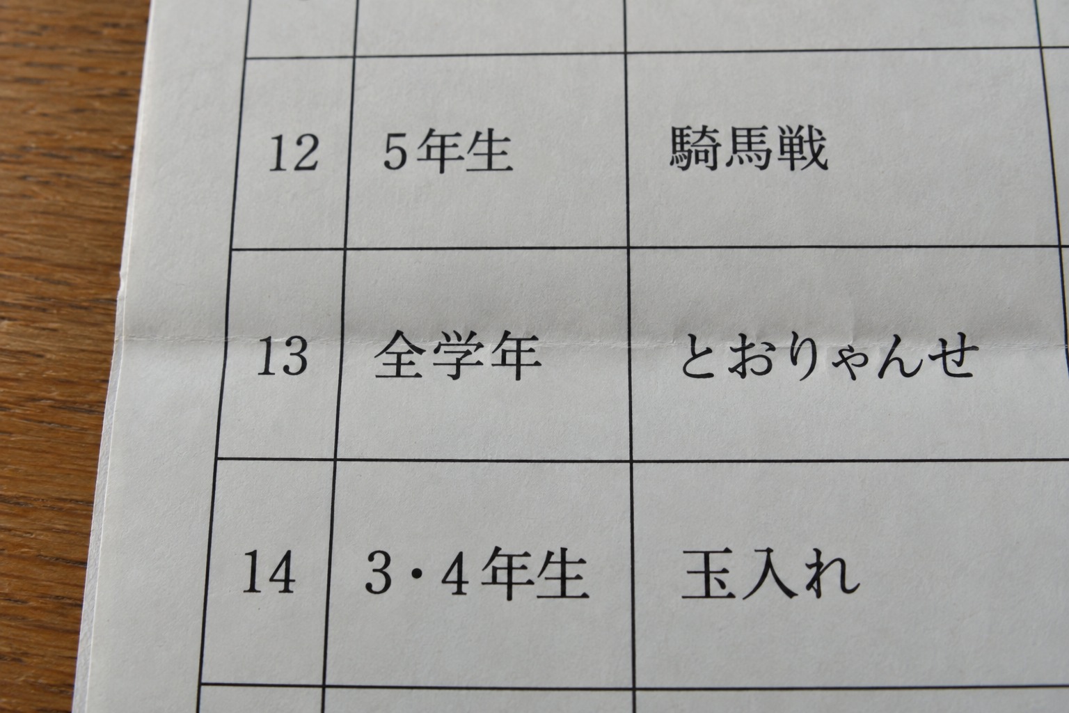 霧島秀一撮影。紙のプログラムに、12番「5年生 騎馬戦」、13番「全学年 とおりゃんせ」、14番「3・4年生 玉入れ」の3行が印刷されている。