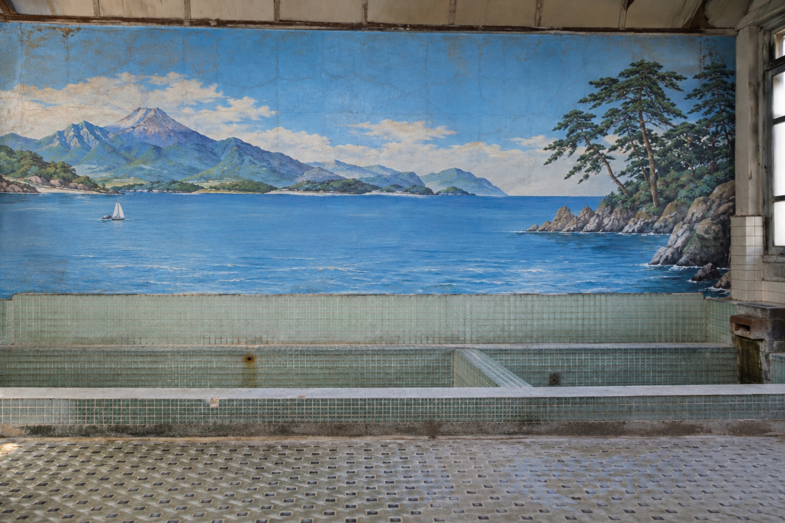 岡田さん撮影。湯を抜いた男湯の上に、山と海のペンキ絵がある。小さな白い帆かけ船は、画面左の山の下の水面に描かれている。右側には松と岩の岸がある。