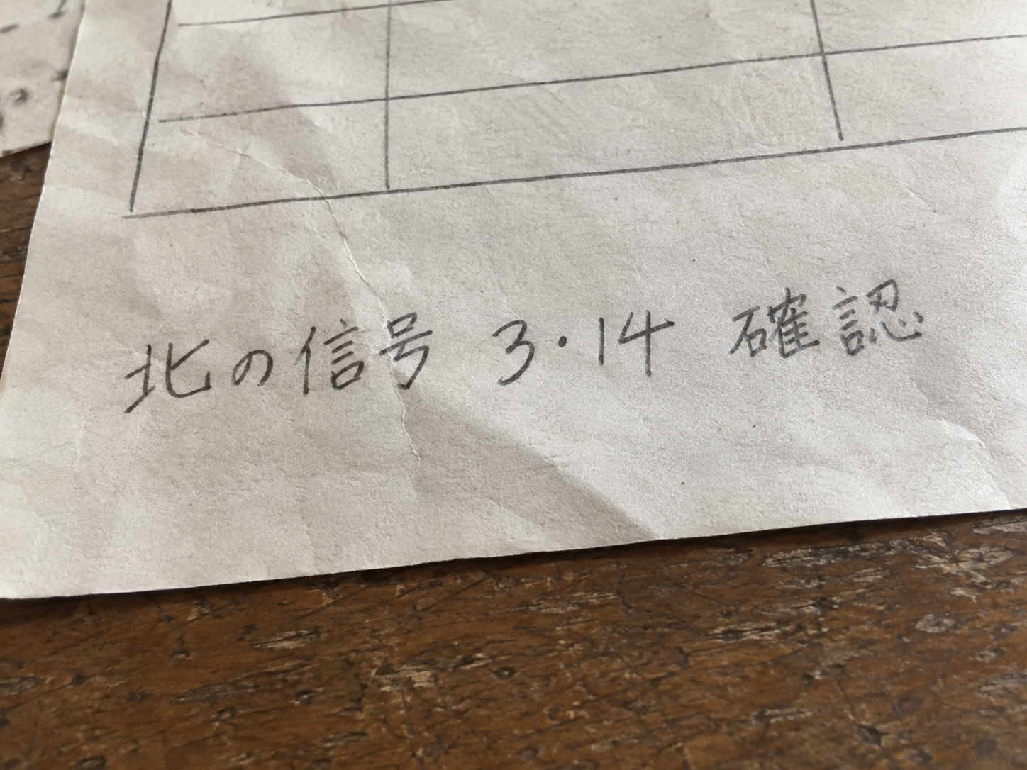 新聞販売店提供。店に残っていた配達メモの部分写真。表の下の余白に、鉛筆で「北の信号 3・14 確認」と書かれている。