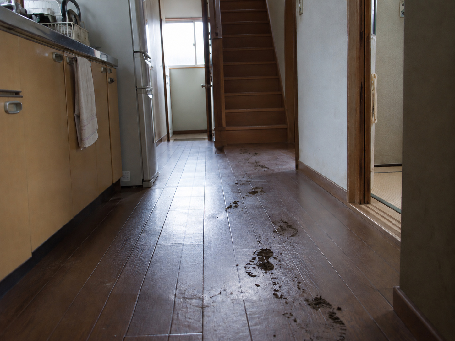 住人女性が撮影した、台所脇の廊下に続く泥の靴跡。奥には2階へ上がる木の階段があり、段の上には泥の靴跡が見えない。