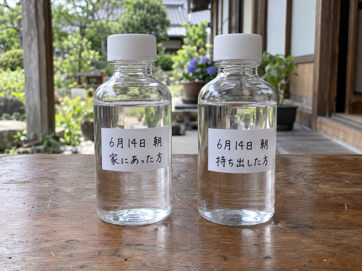 霧島秀一撮影。透明な水の入った、ふた付きの容器2本。どちらも「6月14日 朝」とあり、左には「家にあった方」、右には「持ち出した方」と書かれている。