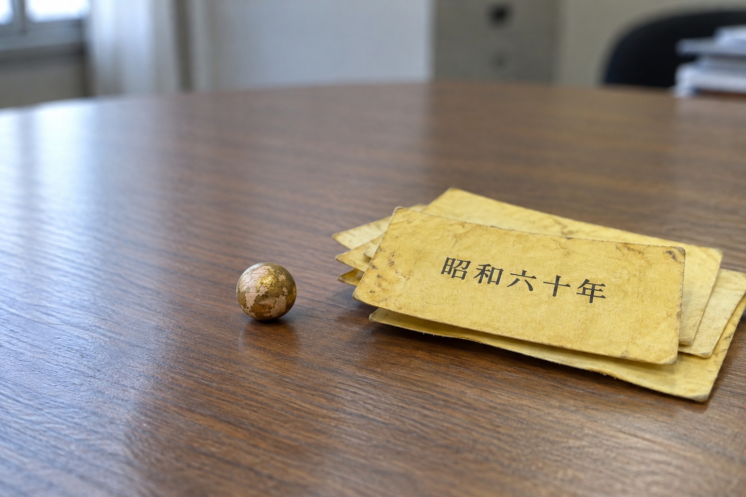 霧島秀一撮影。塗装がはげて木肌が見える小さな金色の玉と、重ねた黄色い券の接写。一番上の券に「昭和六十年」と印刷されている。