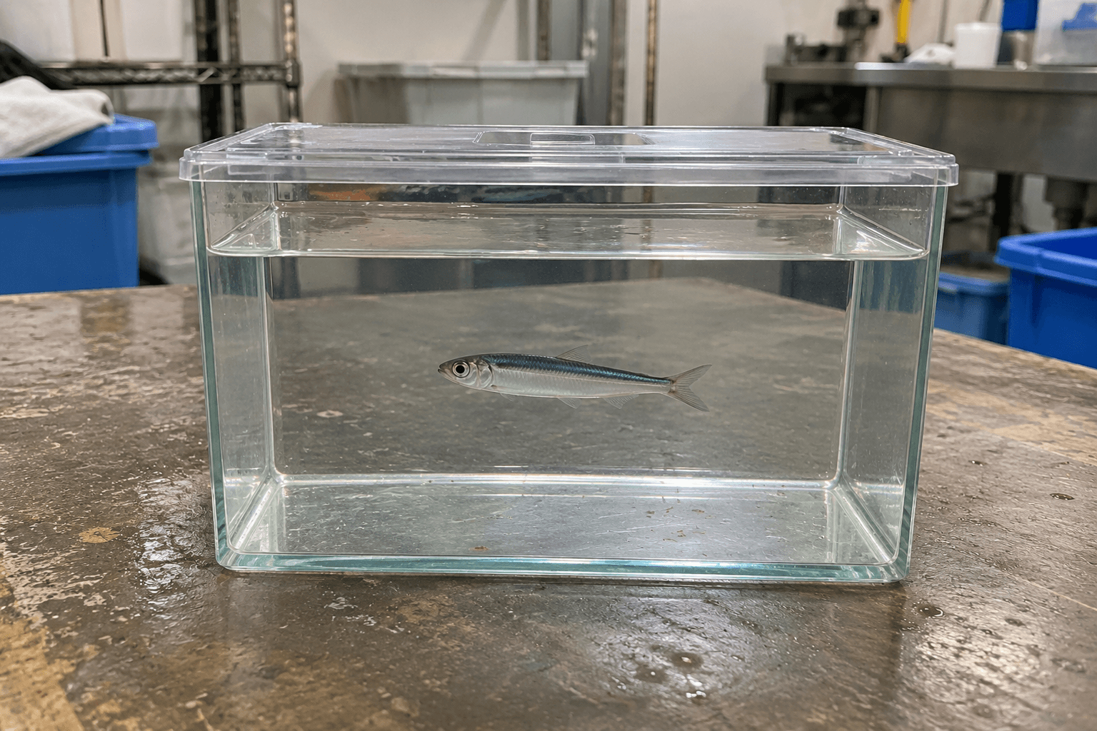 飼育員提供。作業台の上の透明な容器に、小さな銀色の魚が1匹泳いでいる。容器には透明なふたが載っている。