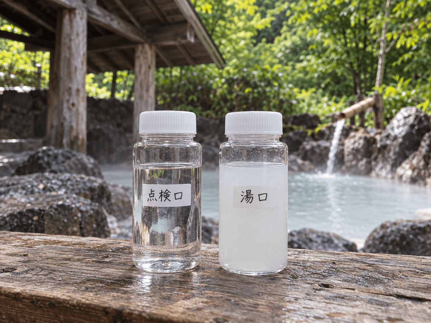 霧島秀一撮影。点検口と書いた容器の水は透明で、湯口と書いた同じ形の容器の水は白くにごっている。