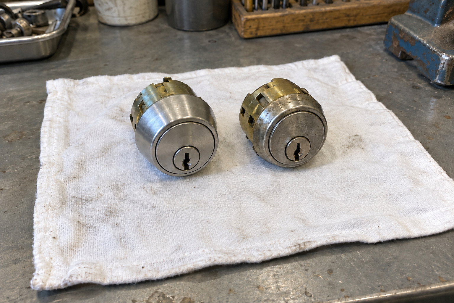 霧島秀一撮影。作業台の白い布に並ぶ、玄関から取り外した2つの錠の部品。