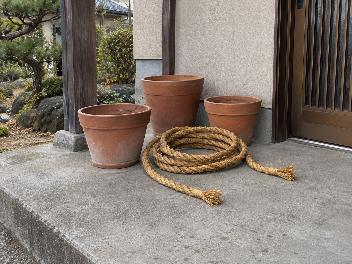 霧島秀一撮影。コンクリートの上に緩く巻かれた茶色の縄が1本あり、どこにも結ばれていない両端が見える。周りに空の植木鉢が置かれている。