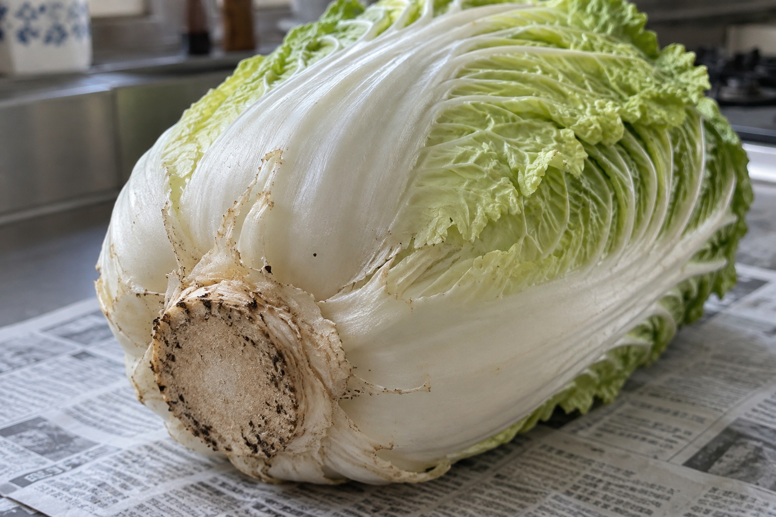 霧島秀一撮影。新聞紙の上に横向きに置いた白菜の根元。白い葉の付け根に細かな裂け目があり、茎の切り口に土が付いている。