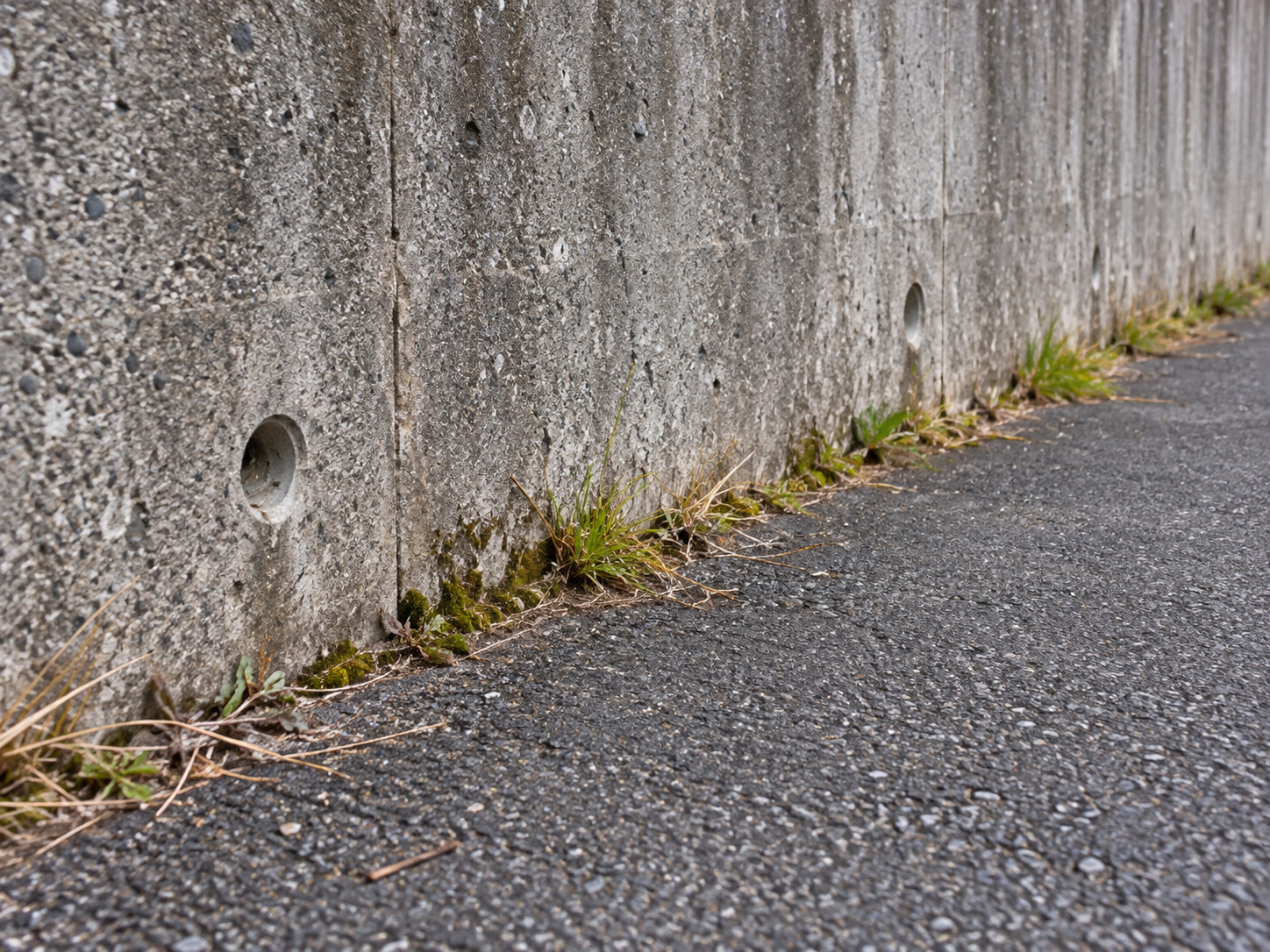 霧島秀一撮影。コンクリートの壁の根元と、その下に水平に続く灰色の舗装。壁と地面がほぼ直角に接している。