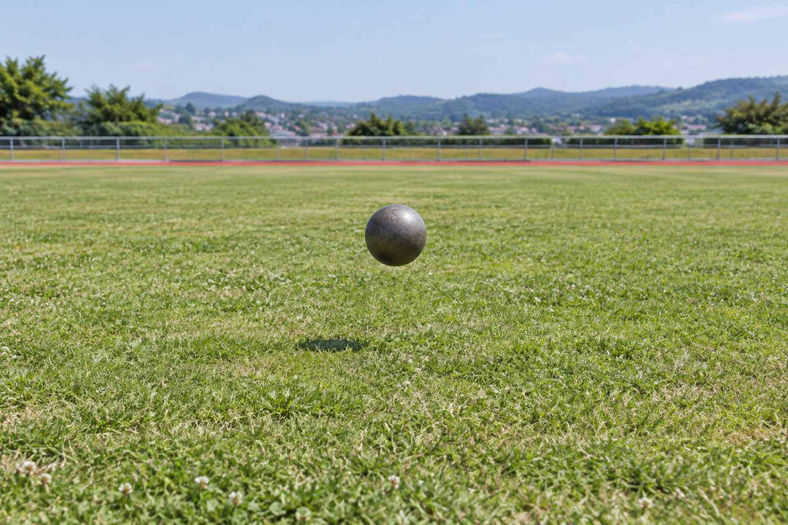 霧島秀一撮影。2023年5月21日、低い芝地から膝ほどの高さにある濃い灰色の金属球を横から撮影。球の下と周囲には、支える物は写っていない。