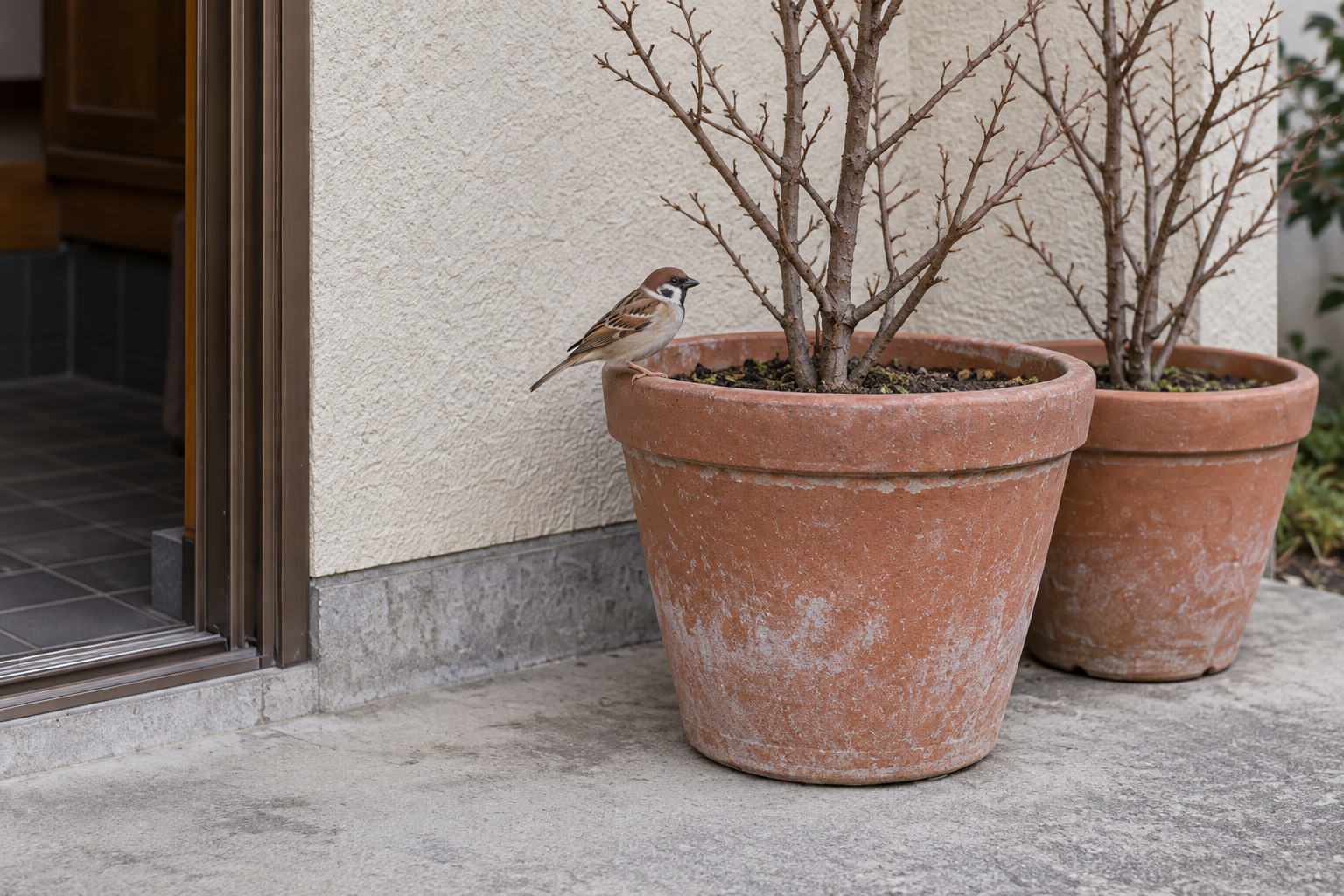 霧島秀一撮影。葉のない木が植わった素焼き鉢の縁に、小さな鳥が1羽留まっている。茶色い頭、白っぽい頬の黒い斑、畳んだ翼、縁をつかむ細い脚が見える。