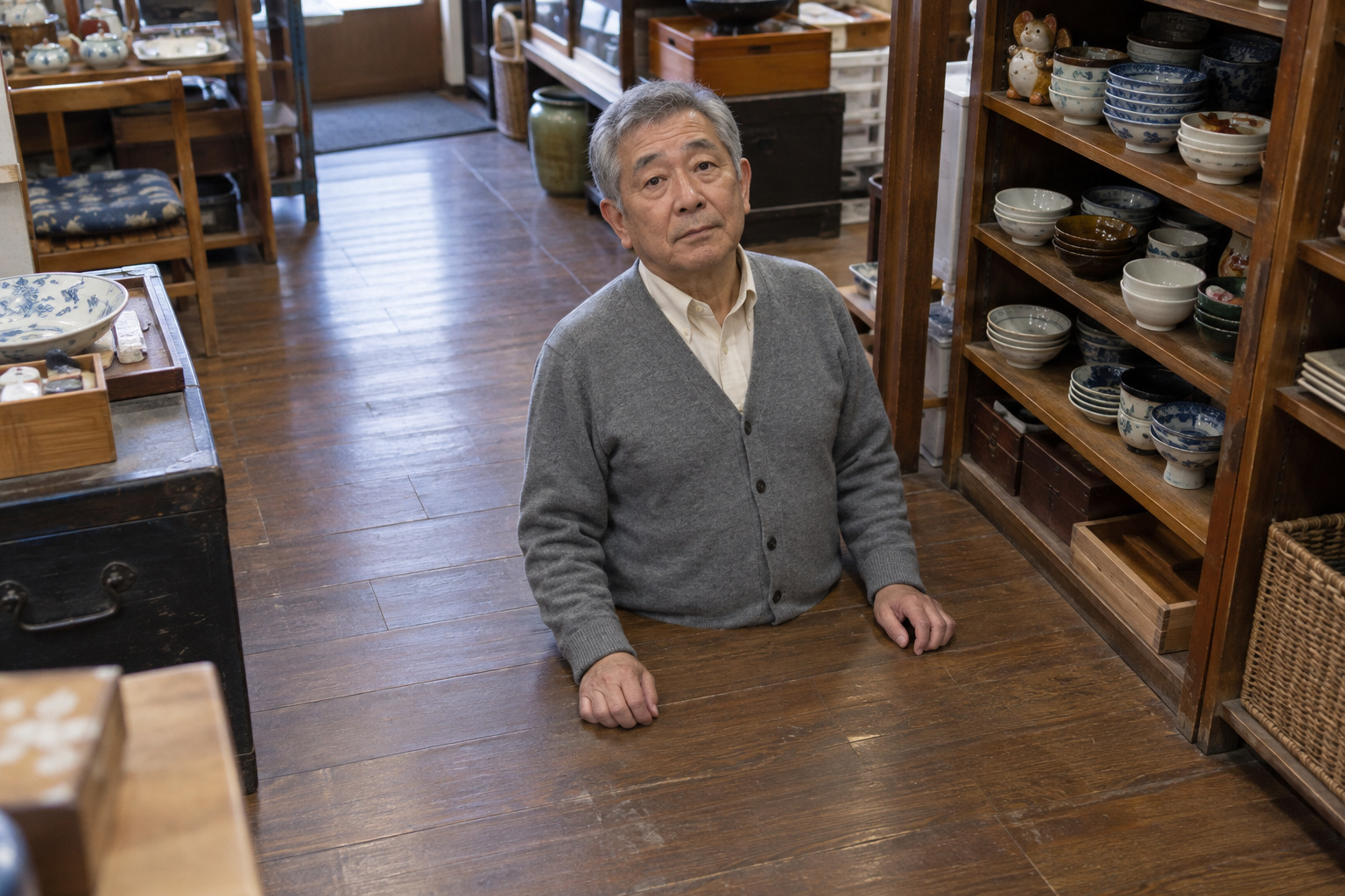 霧島秀一撮影。古道具店の木の床から、灰色のカーディガンを着た男性の上半身が出ている。腰より下は見えず、体の前と左右には平らな茶色の床板が続いている。すぐ脇に食器棚がある。