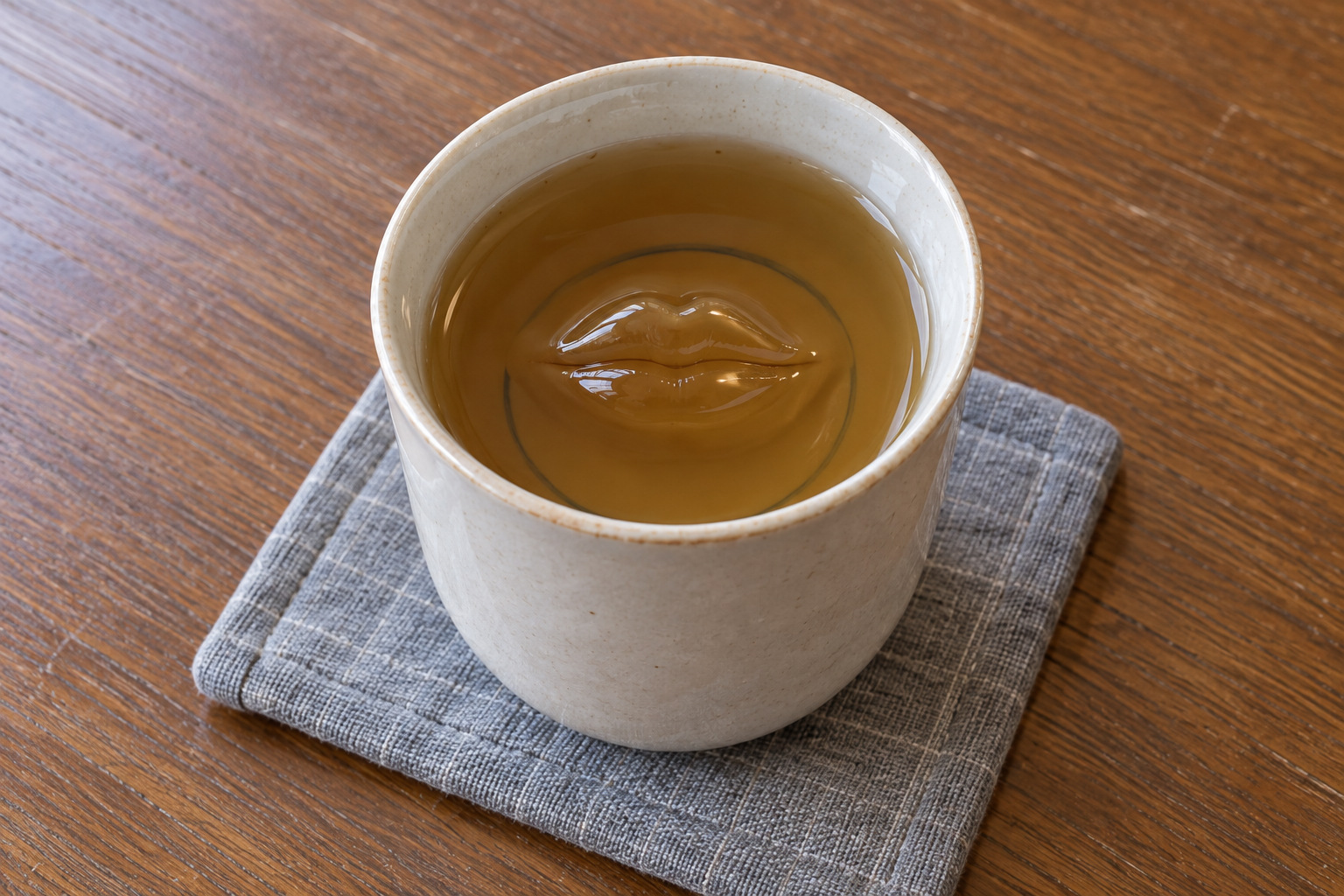 霧島秀一撮影。白い湯飲みに入った薄茶色の茶の中央が、上向きの人の唇の形に盛り上がっている。上下のふくらみは茶と同じ透明な色で、その間に細い閉じ目がある。