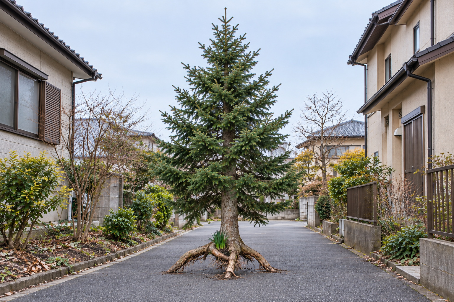 霧島秀一撮影。細い舗装路の上に、枝を三角形に広げたモミがある。幹の下から出た褐色の根が曲がって路面へ着き、幹の根元は舗装から浮いている。根の分かれ目には、緑の葉の出た土の塊がある。