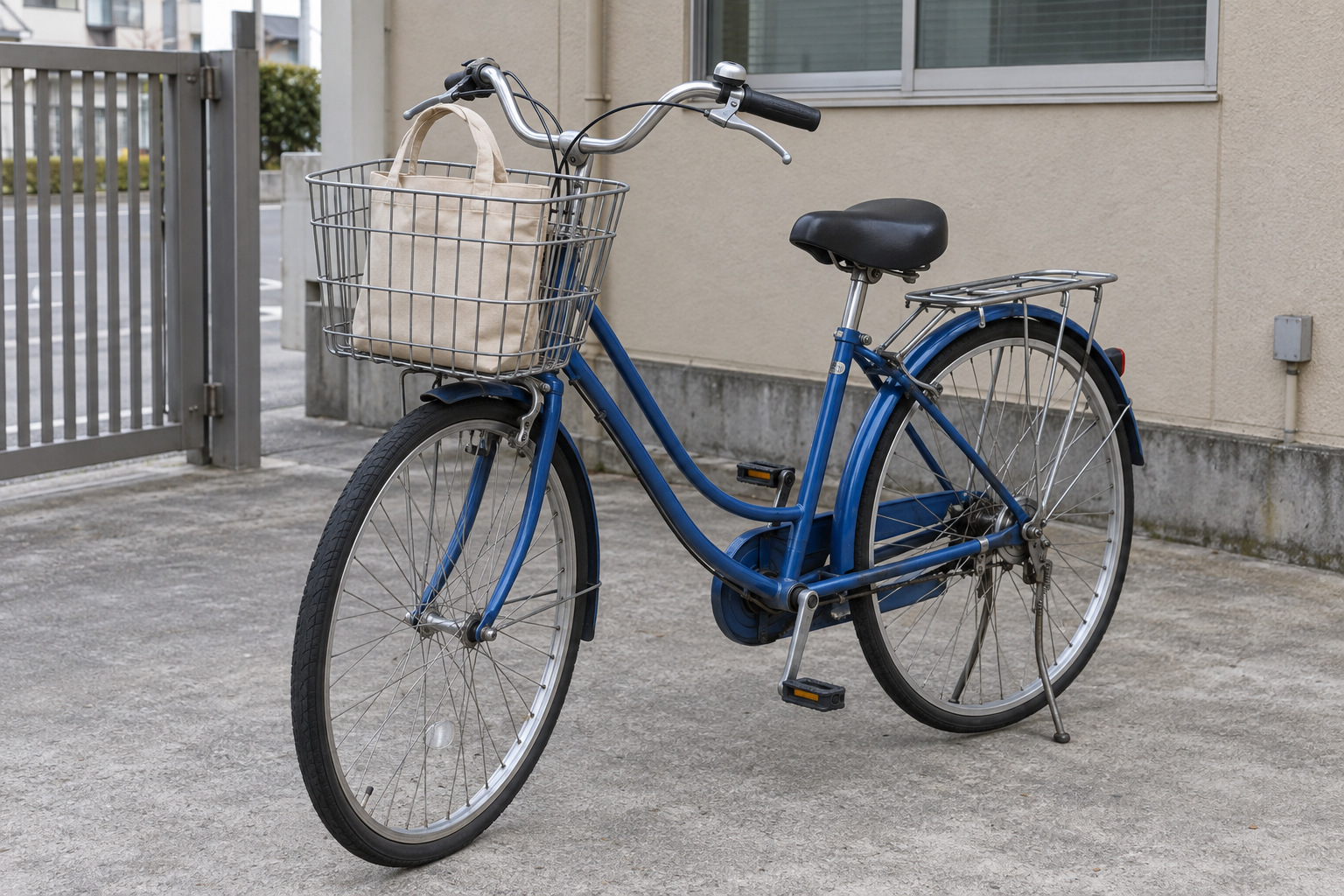 霧島秀一撮影。コンクリートの地面にスタンドを立てた青い日常用自転車。正面斜めから、普通の幅のハンドルと銀色の前かごが見え、かごには無地の袋が入っている。