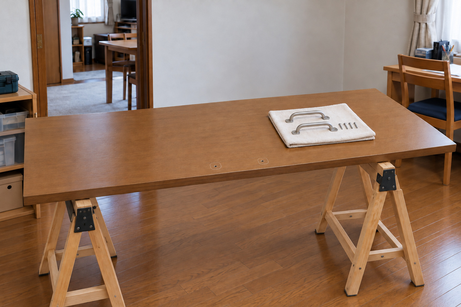 霧島秀一撮影。茶色い戸を2脚の作業台へ横に載せている。手前の縁近くに取っ手を外した2つの跡とねじ穴があり、上のタオルには銀色の取っ手2個とねじ4本が並ぶ。