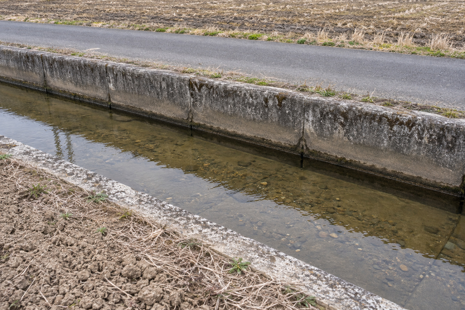 霧島秀一撮影。西側の畑から見下ろしたコンクリートの用水路。底には浅い水と小石が見え、向かいの岸のすぐ先に乾いた農道がある。