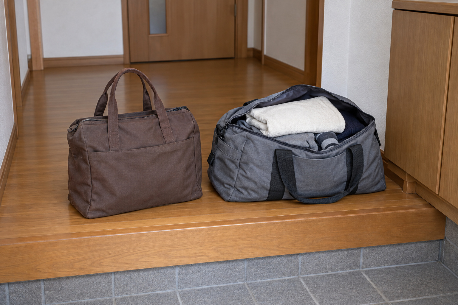 霧島秀一撮影。住宅の玄関の上がり口に並べた茶色の手提げと灰色の旅行鞄。灰色の鞄の口は開いており、畳んだ服と薄い色のタオルが見える。