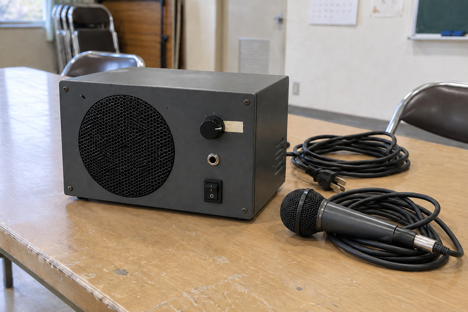 霧島秀一撮影。長机の拡声器を斜めから近くで撮った写真。前面の音量つまみの脇に短い白いテープがあり、箱の横には外した電源コードとマイクが置かれている。