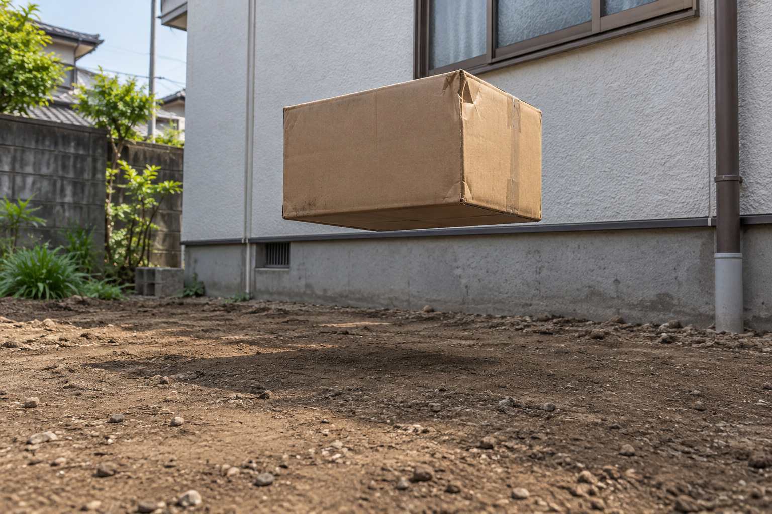 霧島秀一撮影。小屋を取り壊した庭で、角のつぶれた段ボール箱が膝ほどの高さにある。箱と土の地面の間には台や脚が見えず、背景には母屋の壁がある。