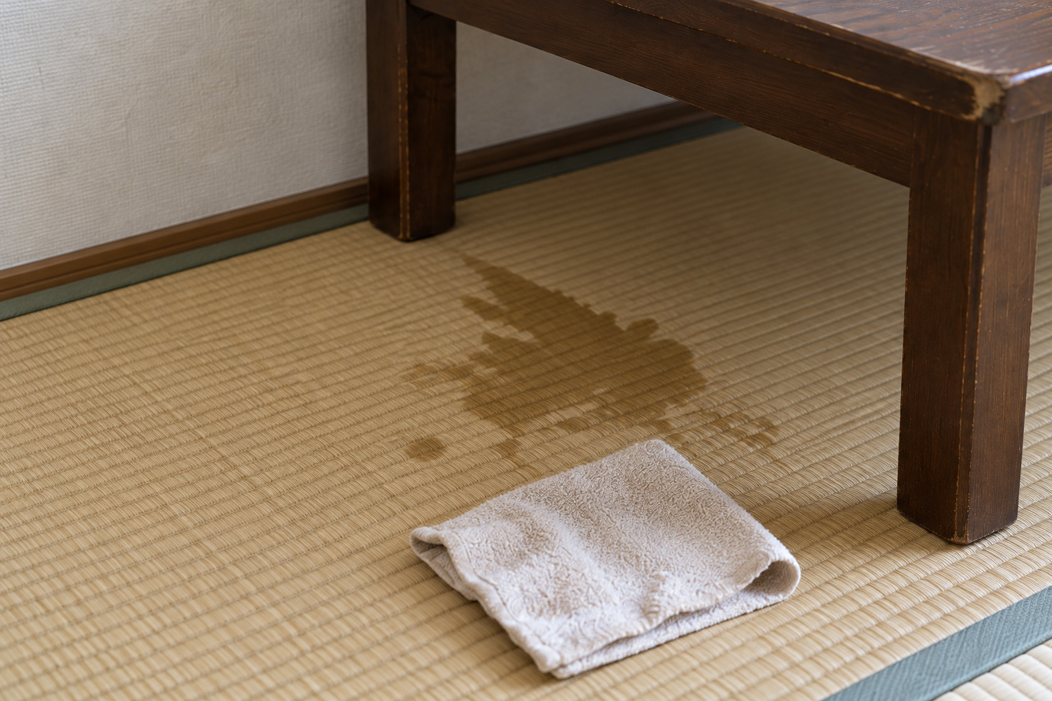 霧島秀一撮影。茶色の低い机の脚の下に、周りより色の濃い畳の濡れ跡がある。手前の乾いた畳に、薄茶色の布が置かれている。