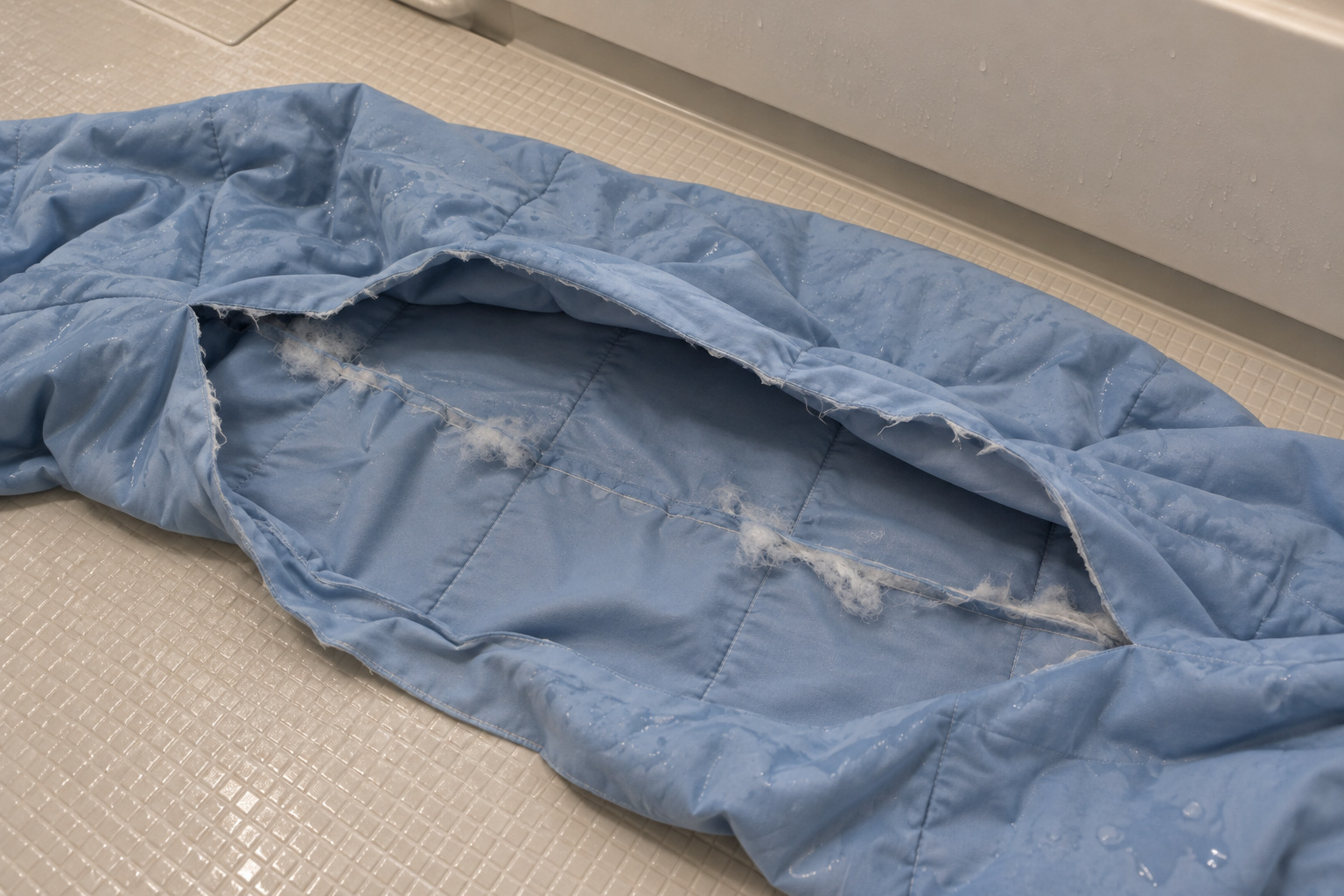 霧島秀一撮影。浴室の床に広げられた青い布地の切り口。薄い上下の布が開き、縫い目に少量の白い綿が残っている。