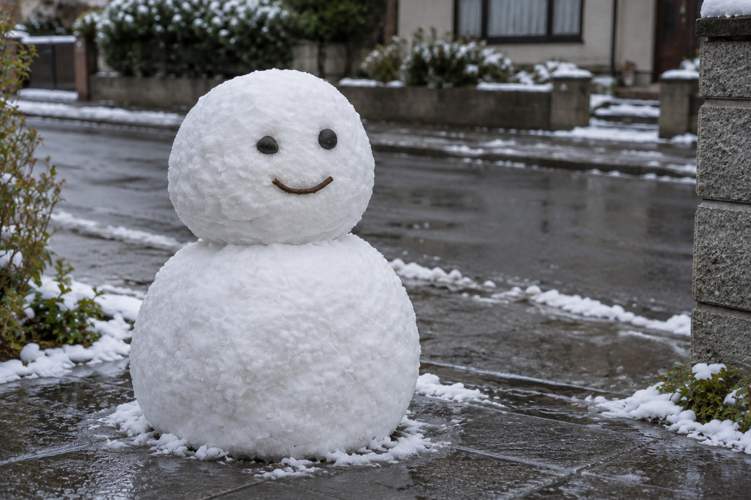 家側を向いた雪だるまの頭。黒い石2つと、両端の上がった短い枝が付いている。背景に道が見える。霧島秀一撮影。